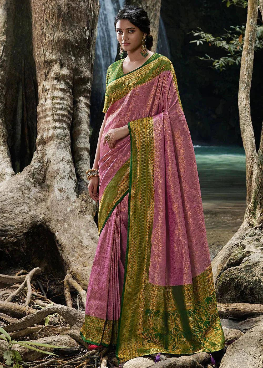 Kobi Green Zari Woven Kanjivaram Silk Saree | Stitched Blouse - qivii