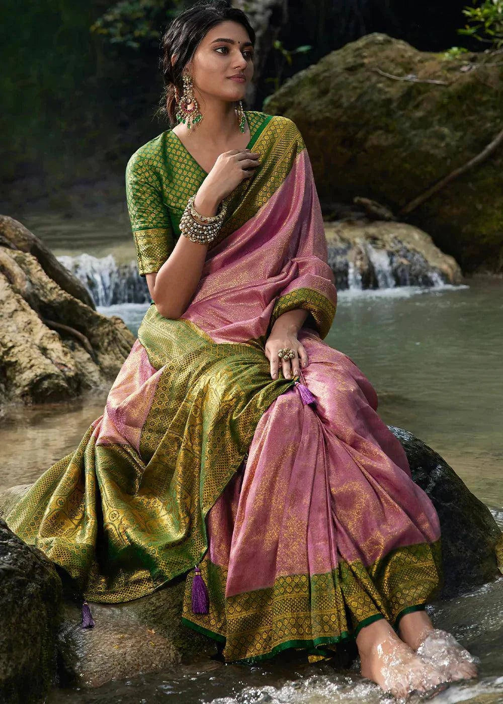 Kobi Green Zari Woven Kanjivaram Silk Saree | Stitched Blouse - qivii