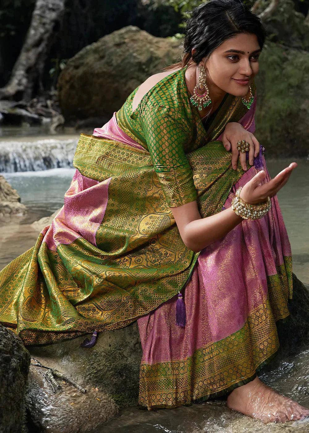 Kobi Green Zari Woven Kanjivaram Silk Saree | Stitched Blouse - qivii