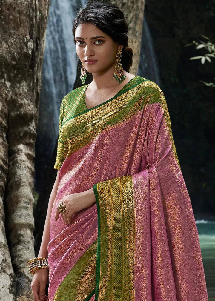 Kobi Green Zari Woven Kanjivaram Silk Saree | Stitched Blouse - qivii