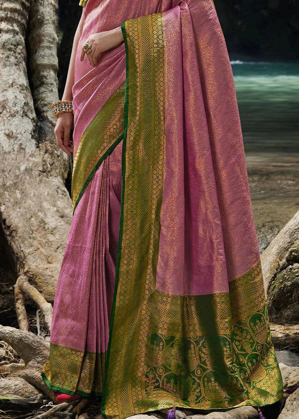 Kobi Green Zari Woven Kanjivaram Silk Saree | Stitched Blouse - qivii