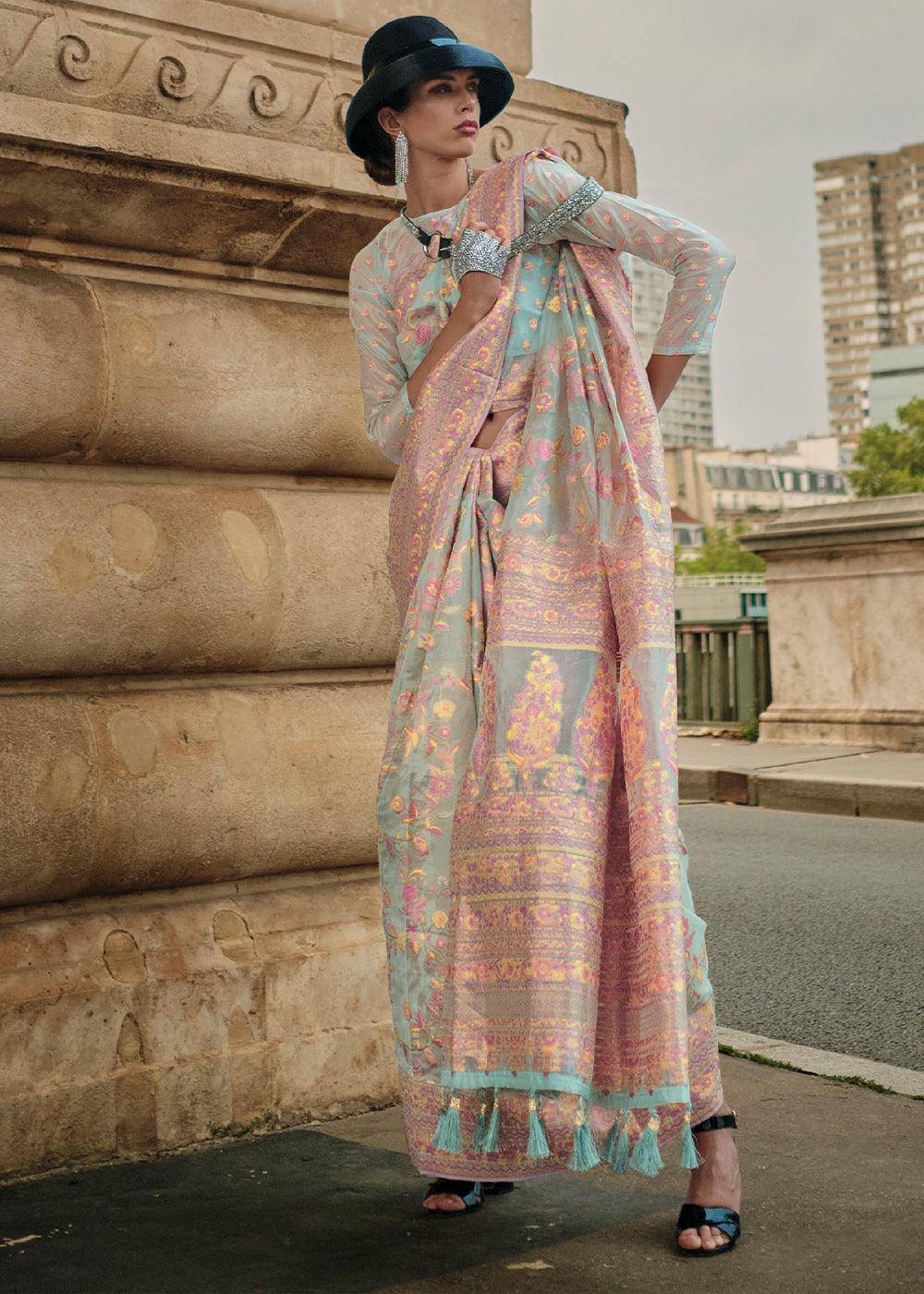 Koi Blue Woven Kashmiri Organza Silk Saree | Stitched Blouse - qivii