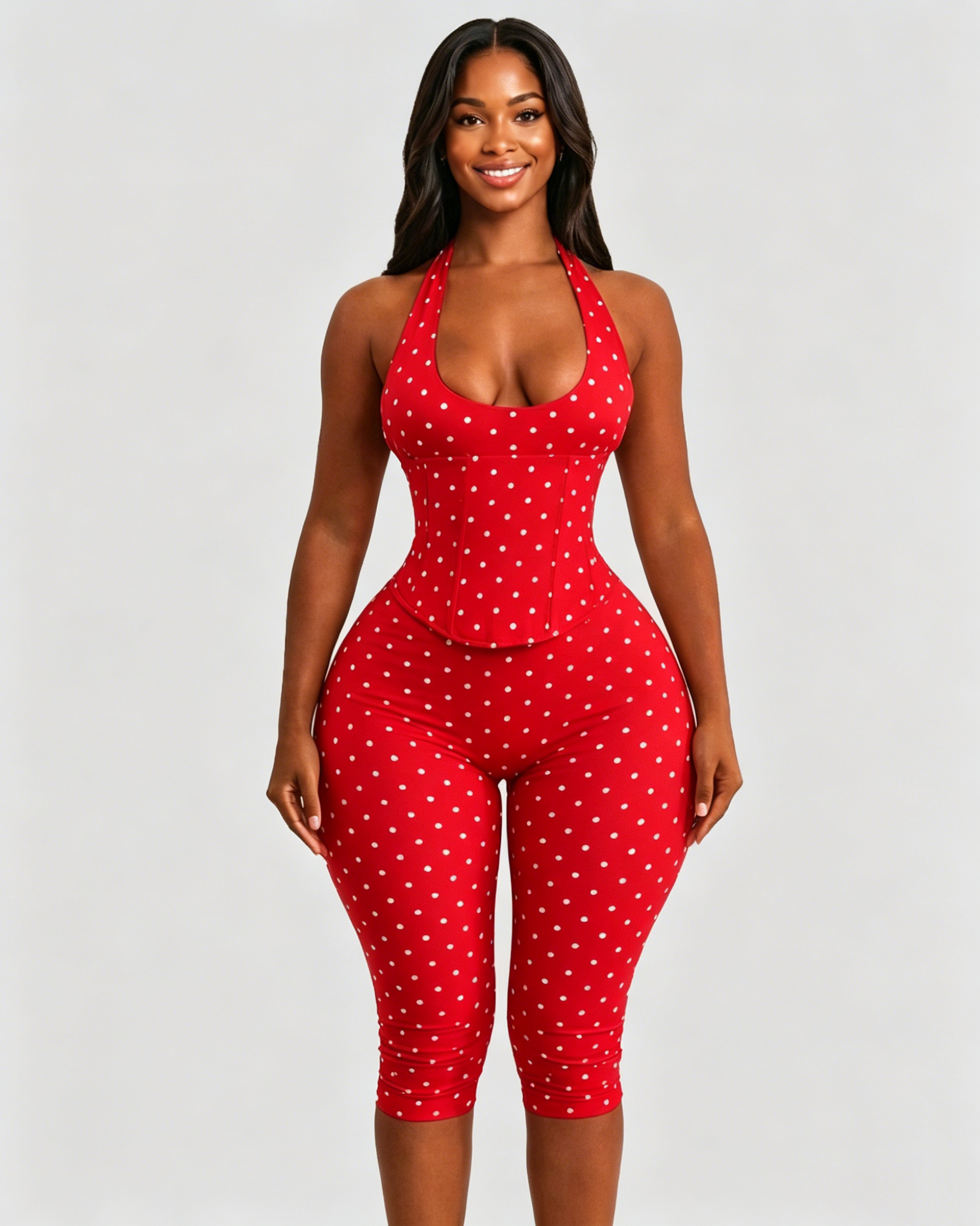 Hourglass Figure Body Shaper Waist Cincher Polka Dot Capri Jumpsuit Two-Piece Set  - By Qivii
