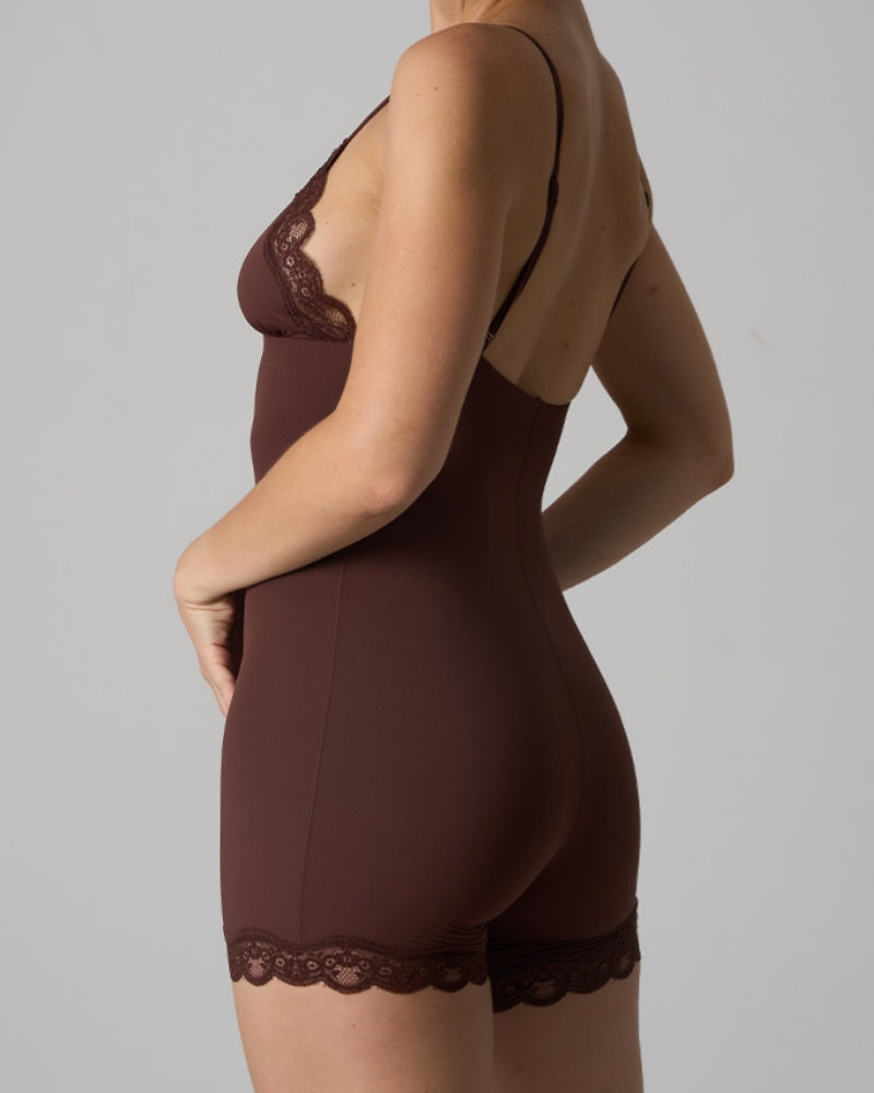 Triangle Cup Seamless Suspenders Shapewear Bodysuit With Lace Trim  - By Qivii