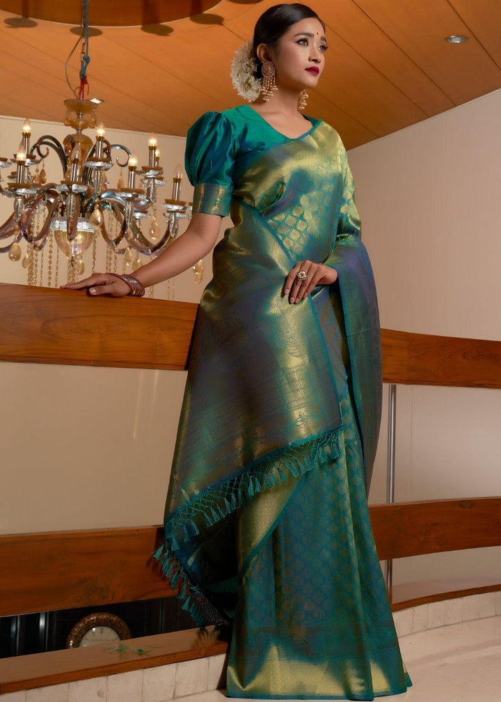 Lake Blue Zari Woven Kanjivaram Silk Saree | Stitched Blouse - qivii