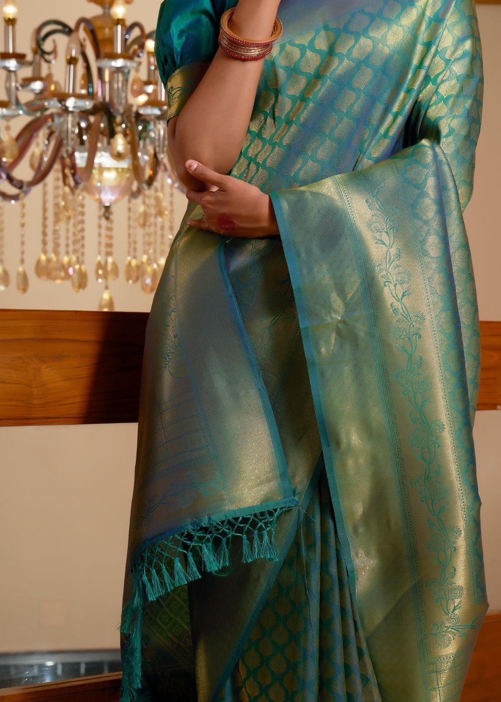 Lake Blue Zari Woven Kanjivaram Silk Saree | Stitched Blouse - qivii