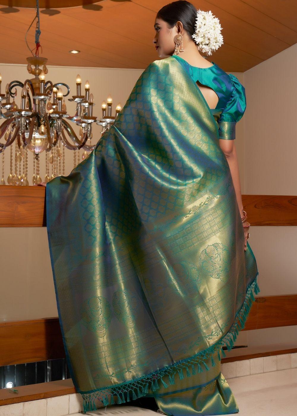 Lake Blue Zari Woven Kanjivaram Silk Saree | Stitched Blouse - qivii