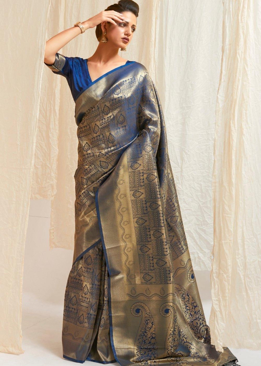 Lapis Blue & Golden Blend Kanjivaram Silk Saree | Stitched Blouse - qivii