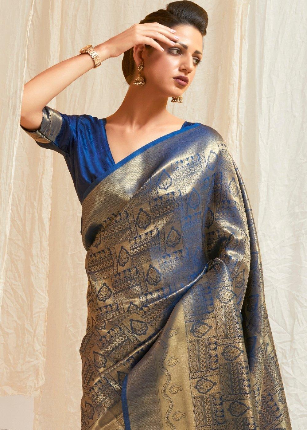 Lapis Blue & Golden Blend Kanjivaram Silk Saree | Stitched Blouse - qivii