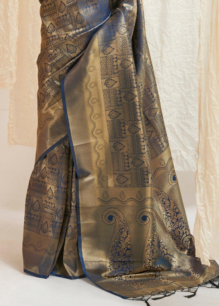 Lapis Blue & Golden Blend Kanjivaram Silk Saree | Stitched Blouse - qivii