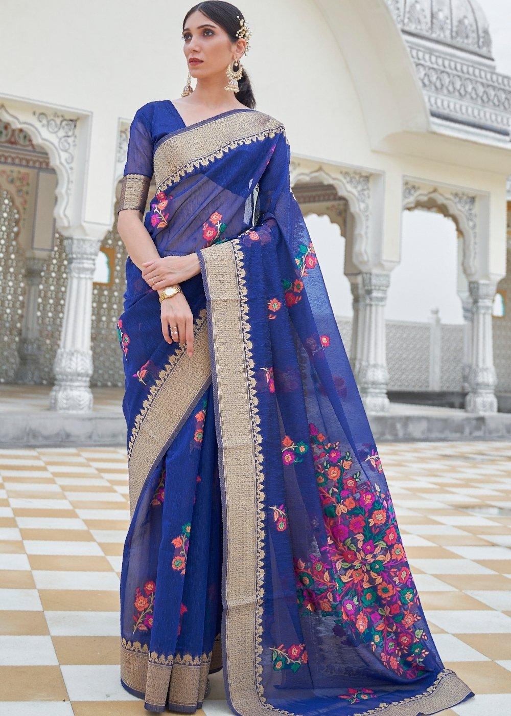 Lapis Blue Floral Embroidered Linen Silk Saree | Stitched Blouse - qivii