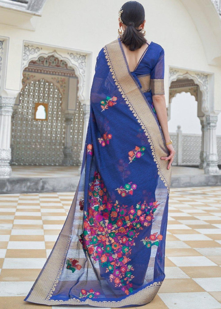 Lapis Blue Floral Embroidered Linen Silk Saree | Stitched Blouse - qivii