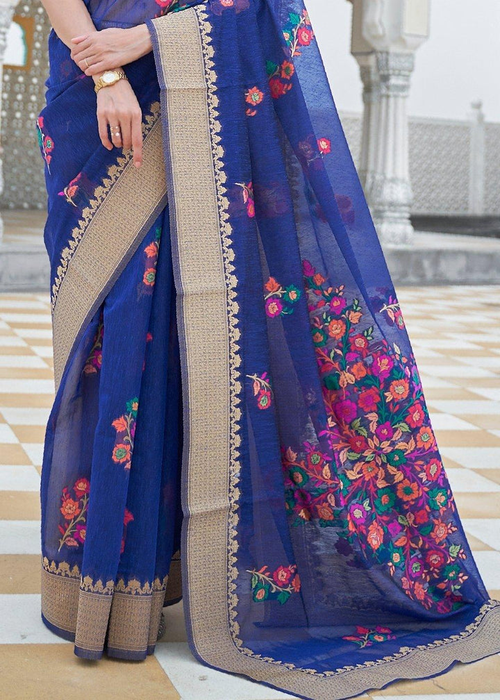 Lapis Blue Floral Embroidered Linen Silk Saree | Stitched Blouse - qivii