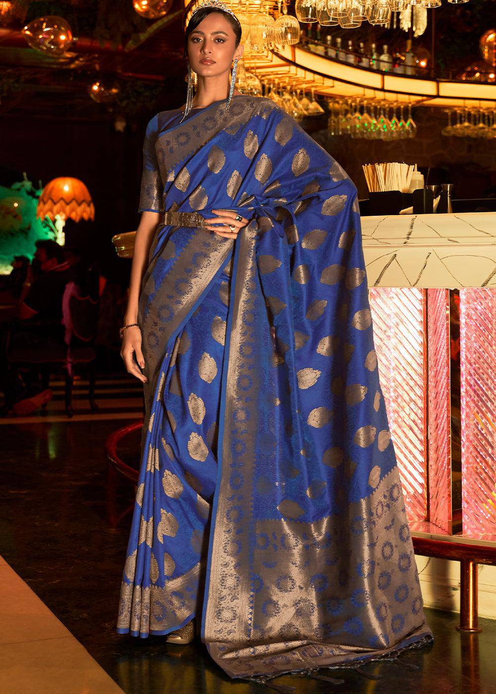 Lapis Blue Handloom Woven Banarasi Silk Saree | Stitched Blouse - qivii