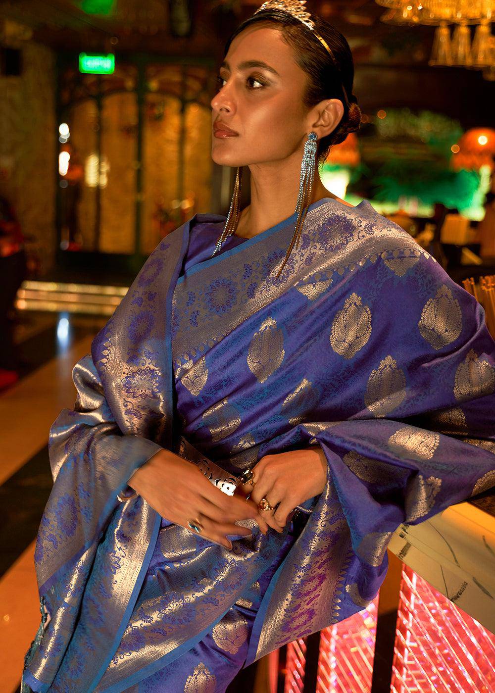 Lapis Blue Handloom Woven Banarasi Silk Saree | Stitched Blouse - qivii