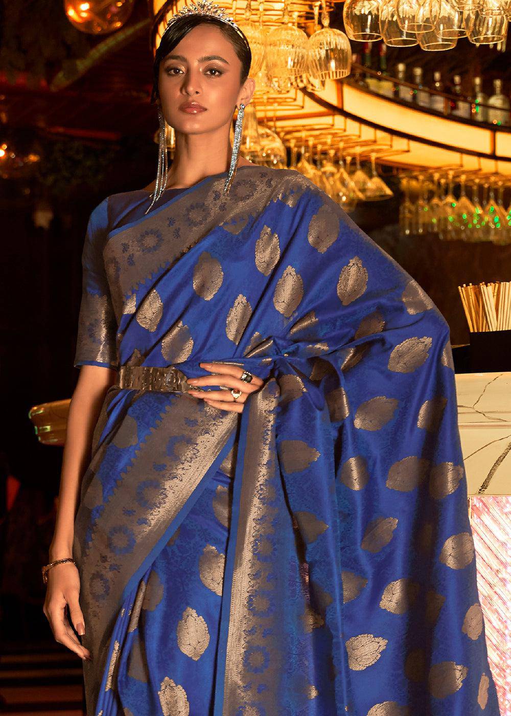 Lapis Blue Handloom Woven Banarasi Silk Saree | Stitched Blouse - qivii