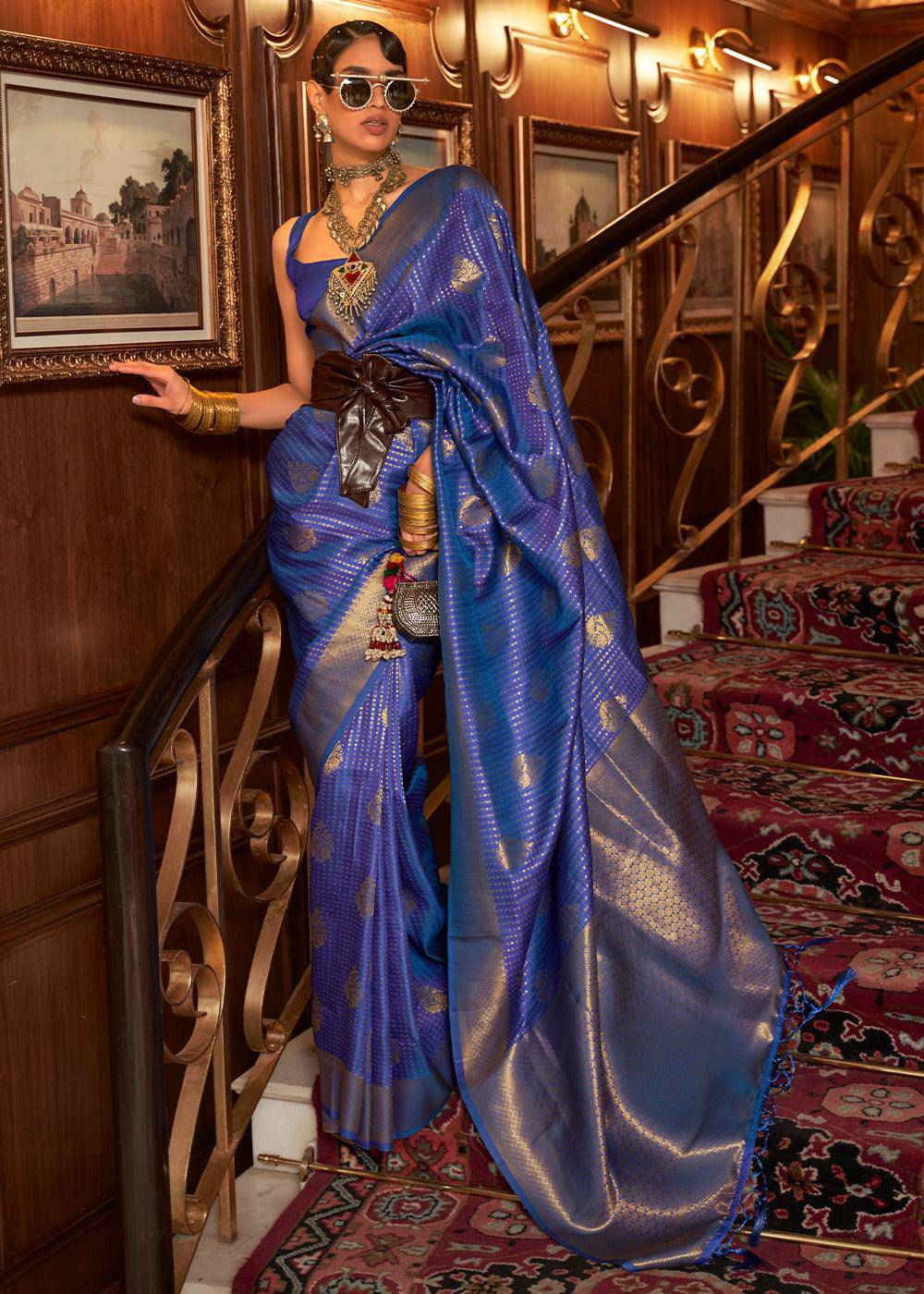 Lapis Blue Woven Banarasi Silk Saree | Stitched Blouse - qivii