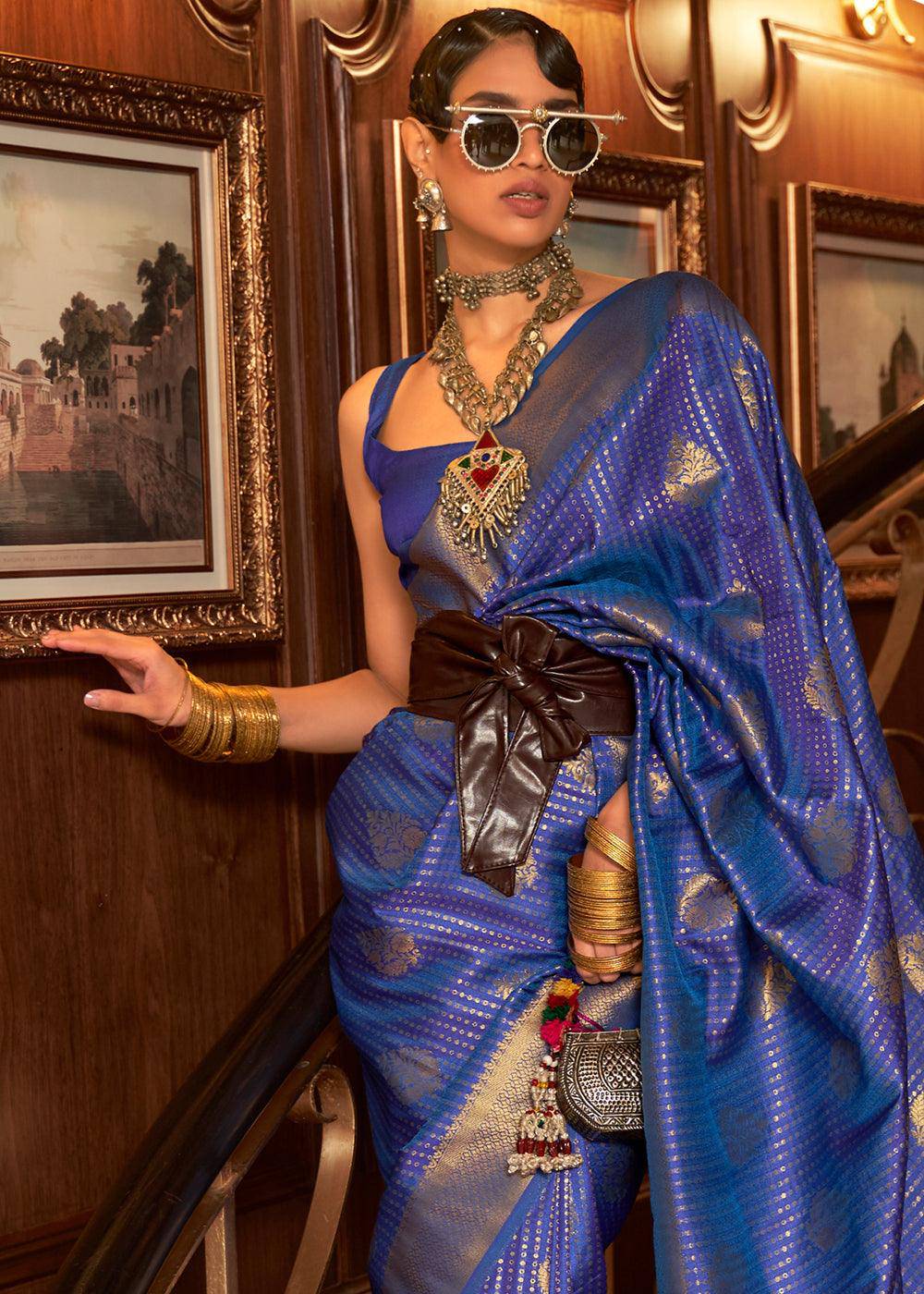 Lapis Blue Woven Banarasi Silk Saree | Stitched Blouse - qivii