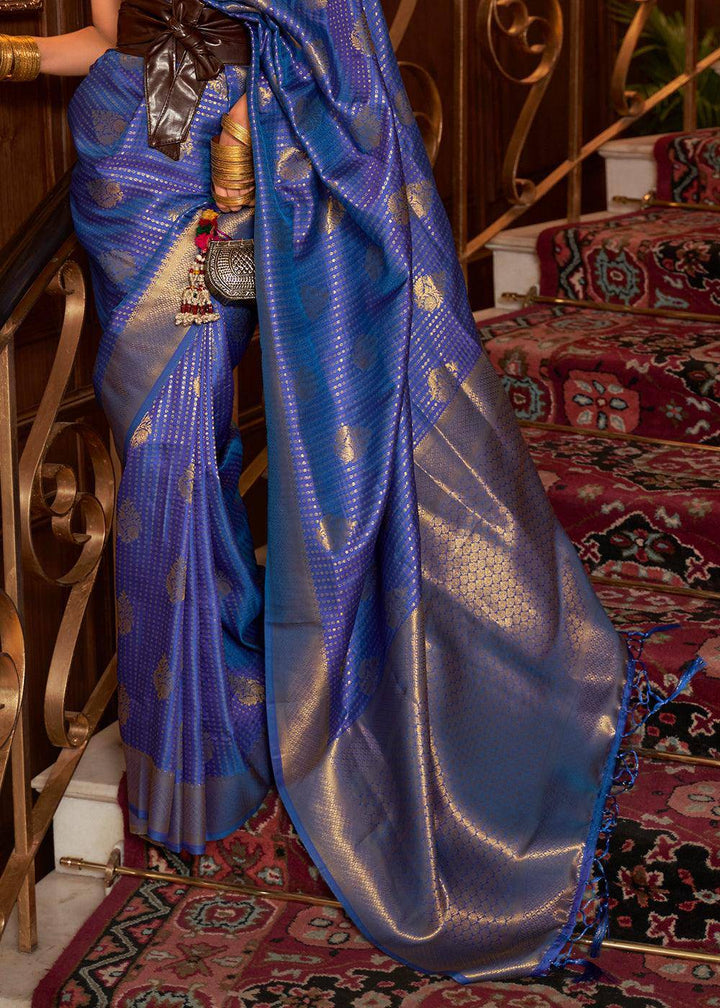 Lapis Blue Woven Banarasi Silk Saree | Stitched Blouse - qivii