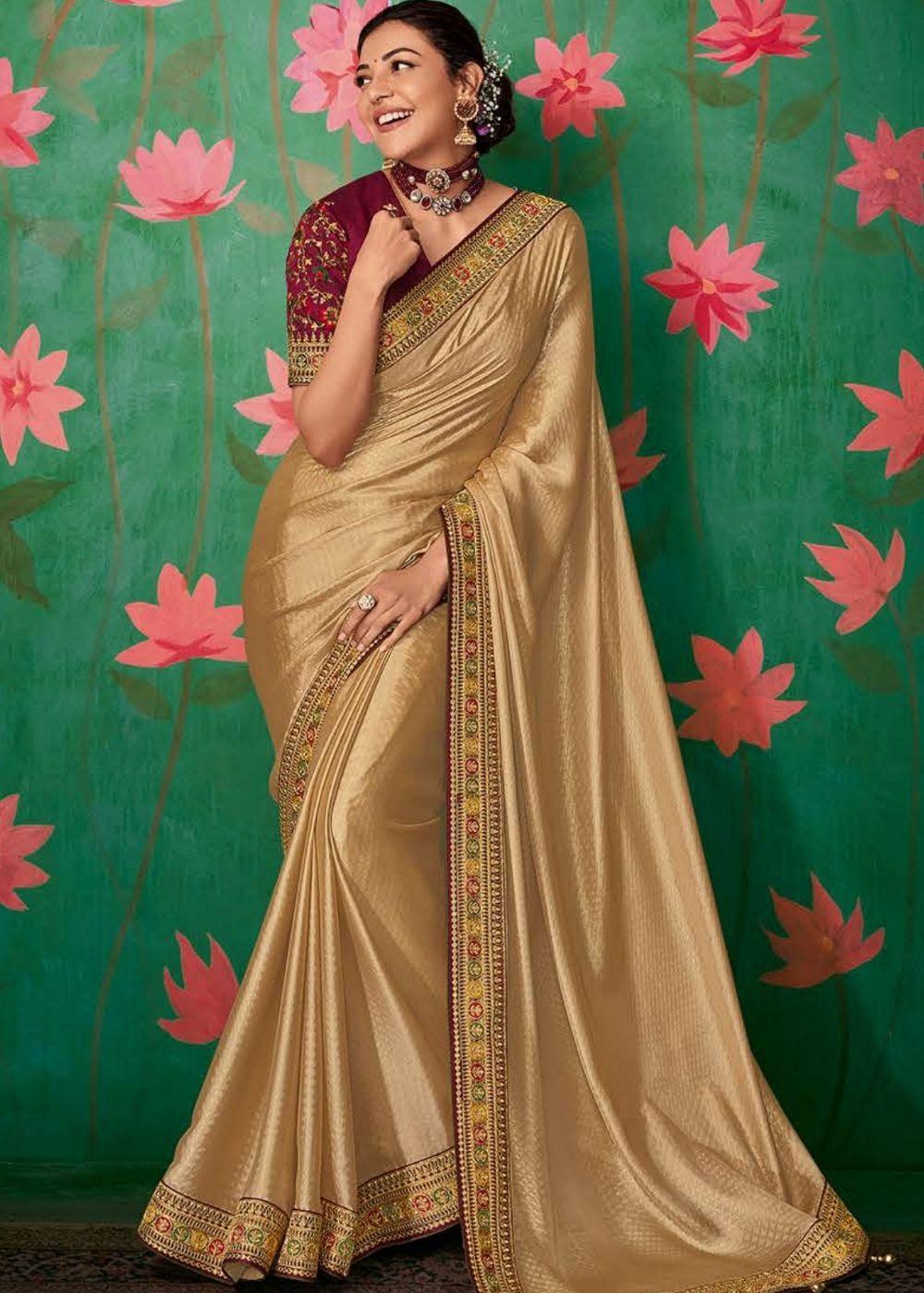 Latte Brown Designer Silk Saree with Contrast Embroidered Blouse | Stitched Blouse - qivii