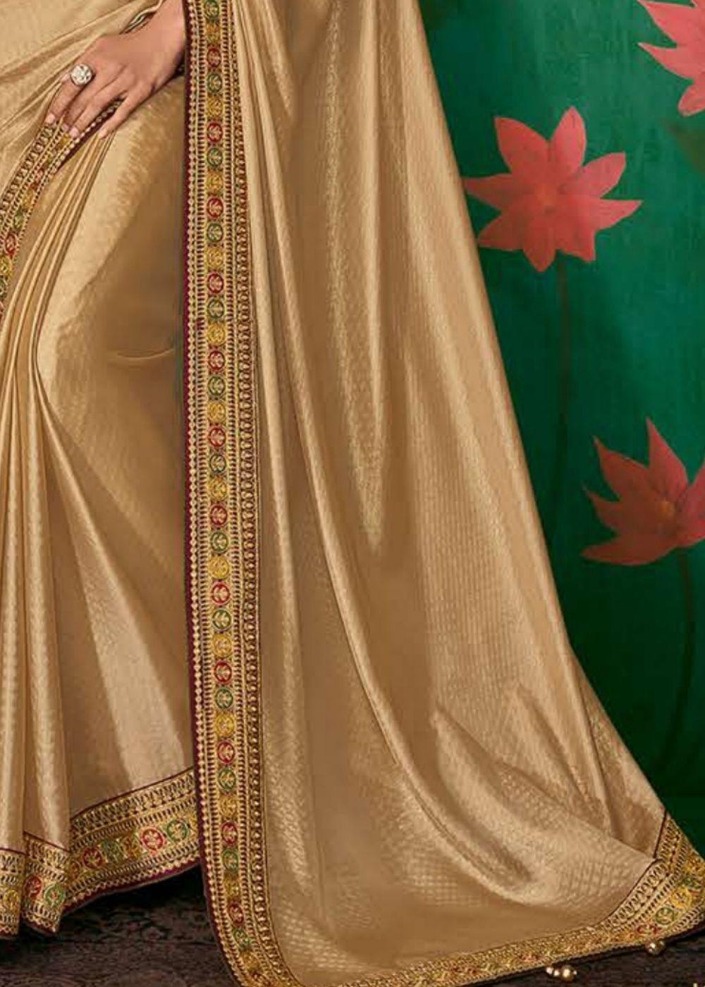 Latte Brown Designer Silk Saree with Contrast Embroidered Blouse | Stitched Blouse - qivii