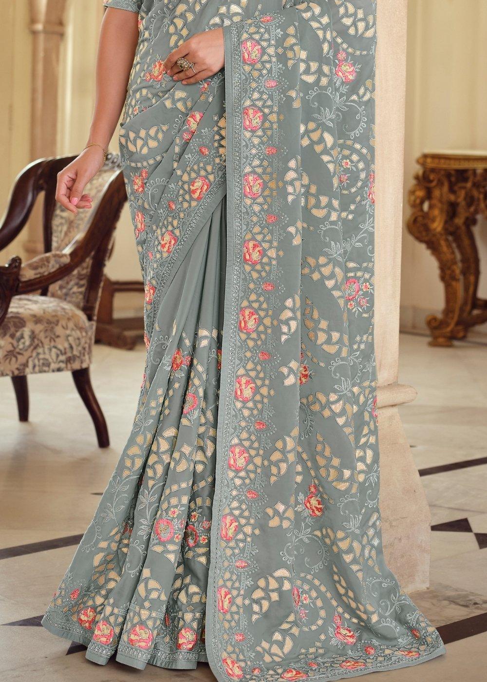 Lava Grey Designer Satin Georgette Saree with Gota & Resham work | Stitched Blouse - qivii