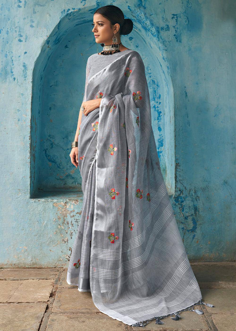 lava Grey Floral Embroidered Linen Saree | Stitched Blouse - qivii