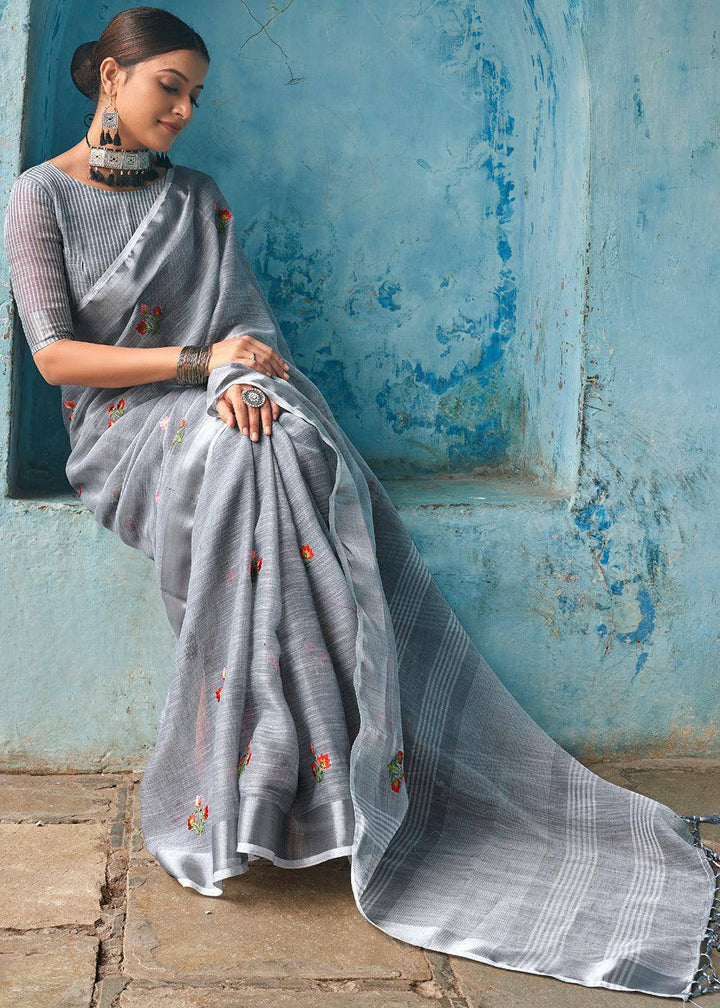 lava Grey Floral Embroidered Linen Saree | Stitched Blouse - qivii