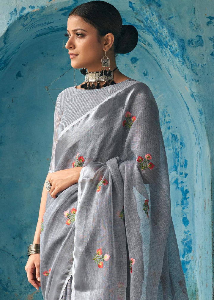 lava Grey Floral Embroidered Linen Saree | Stitched Blouse - qivii