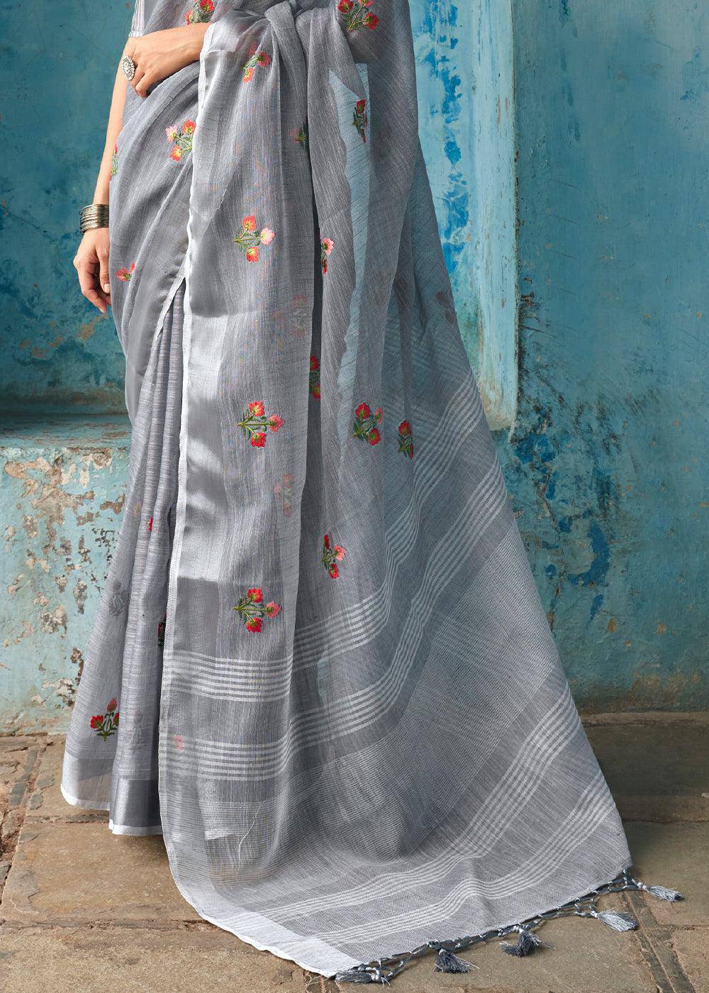 lava Grey Floral Embroidered Linen Saree | Stitched Blouse - qivii