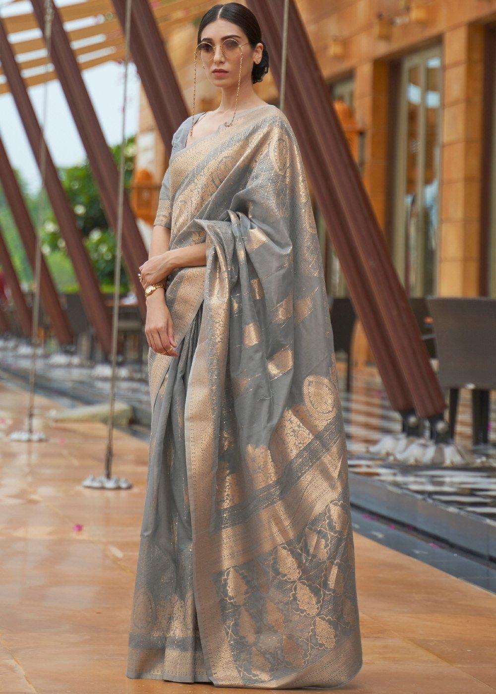 Lava Grey Zari Woven Silk Saree with Sequins work | Stitched Blouse - qivii