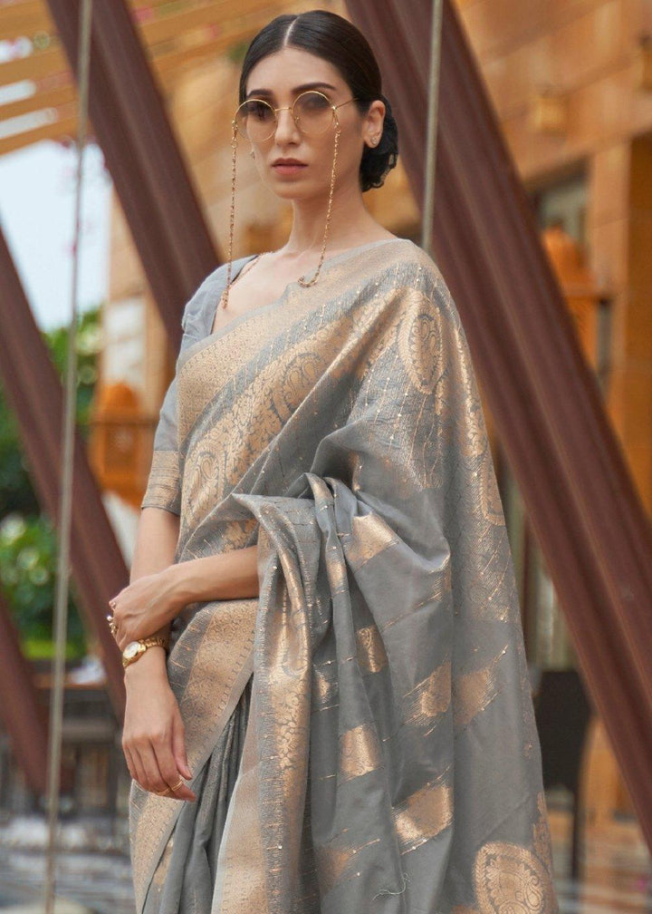 Lava Grey Zari Woven Silk Saree with Sequins work | Stitched Blouse - qivii