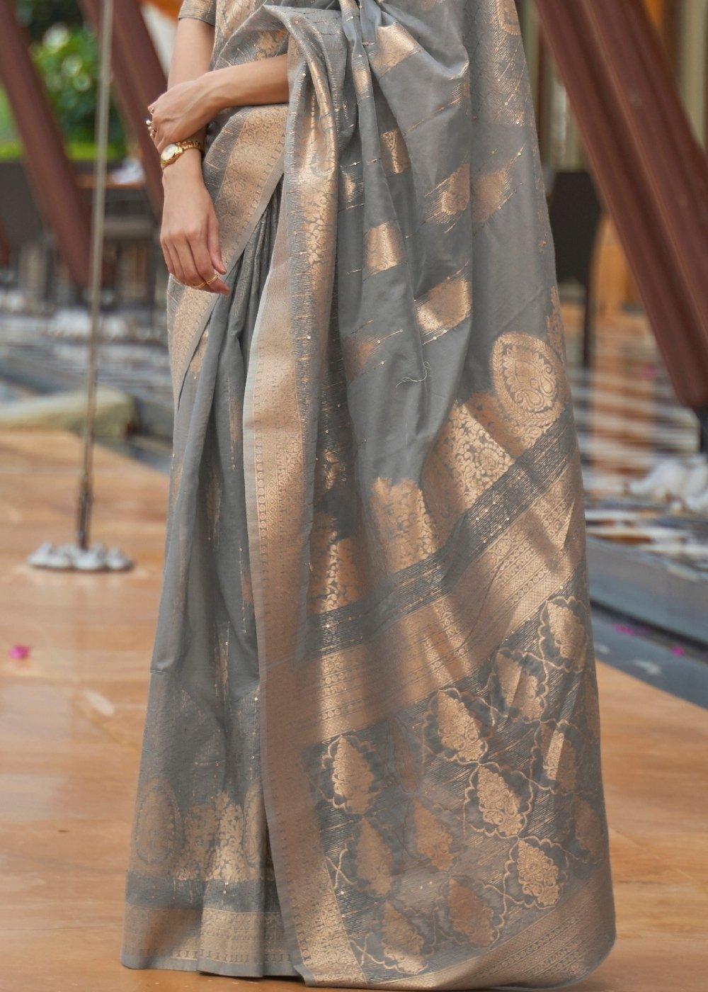 Lava Grey Zari Woven Silk Saree with Sequins work | Stitched Blouse - qivii