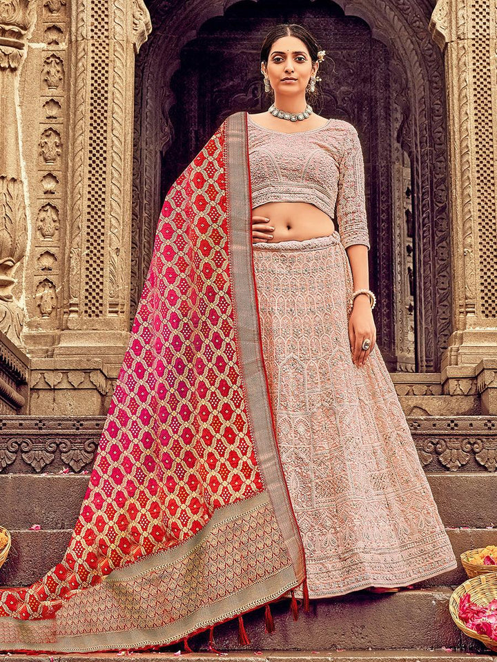 Lavender Pink Georgette Lehenga Choli Having Lucknowi work and Banarasi Dupatta - qivii