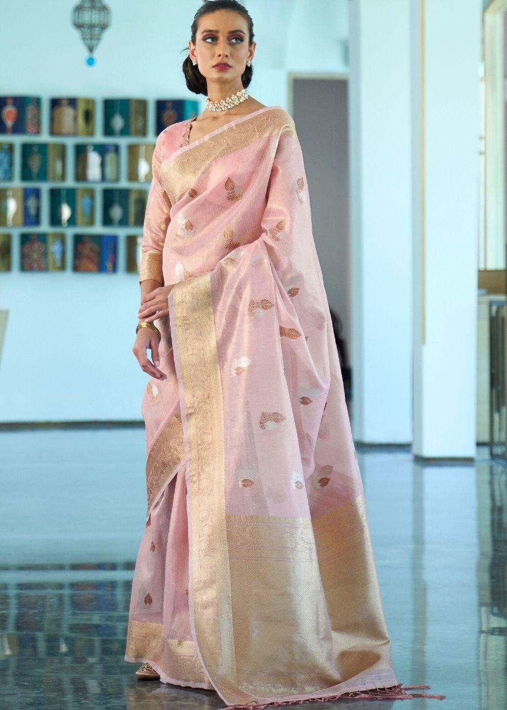 Lavender Pink Zari Woven Organza Silk Saree | Stitched Blouse - qivii