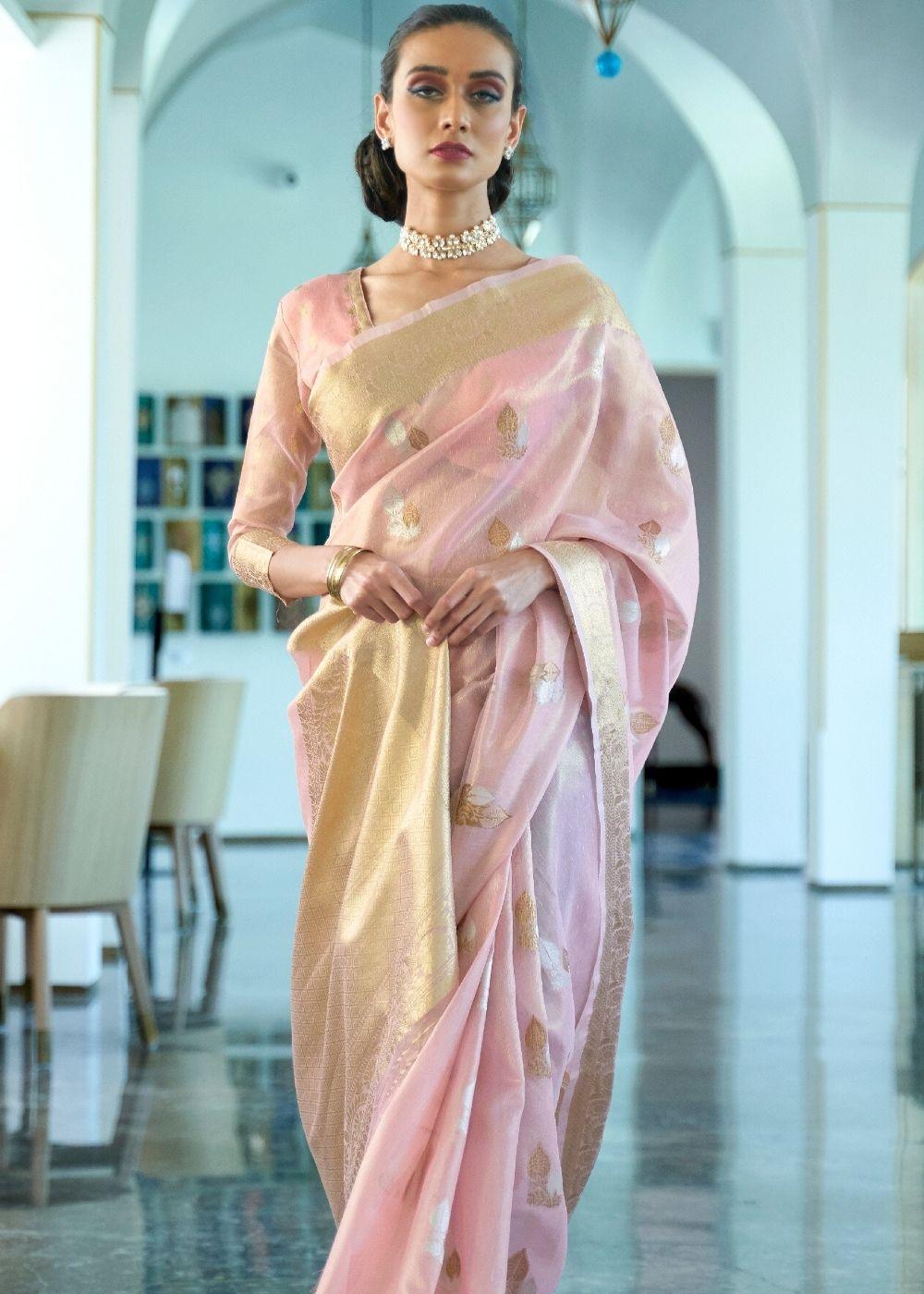 Lavender Pink Zari Woven Organza Silk Saree | Stitched Blouse - qivii