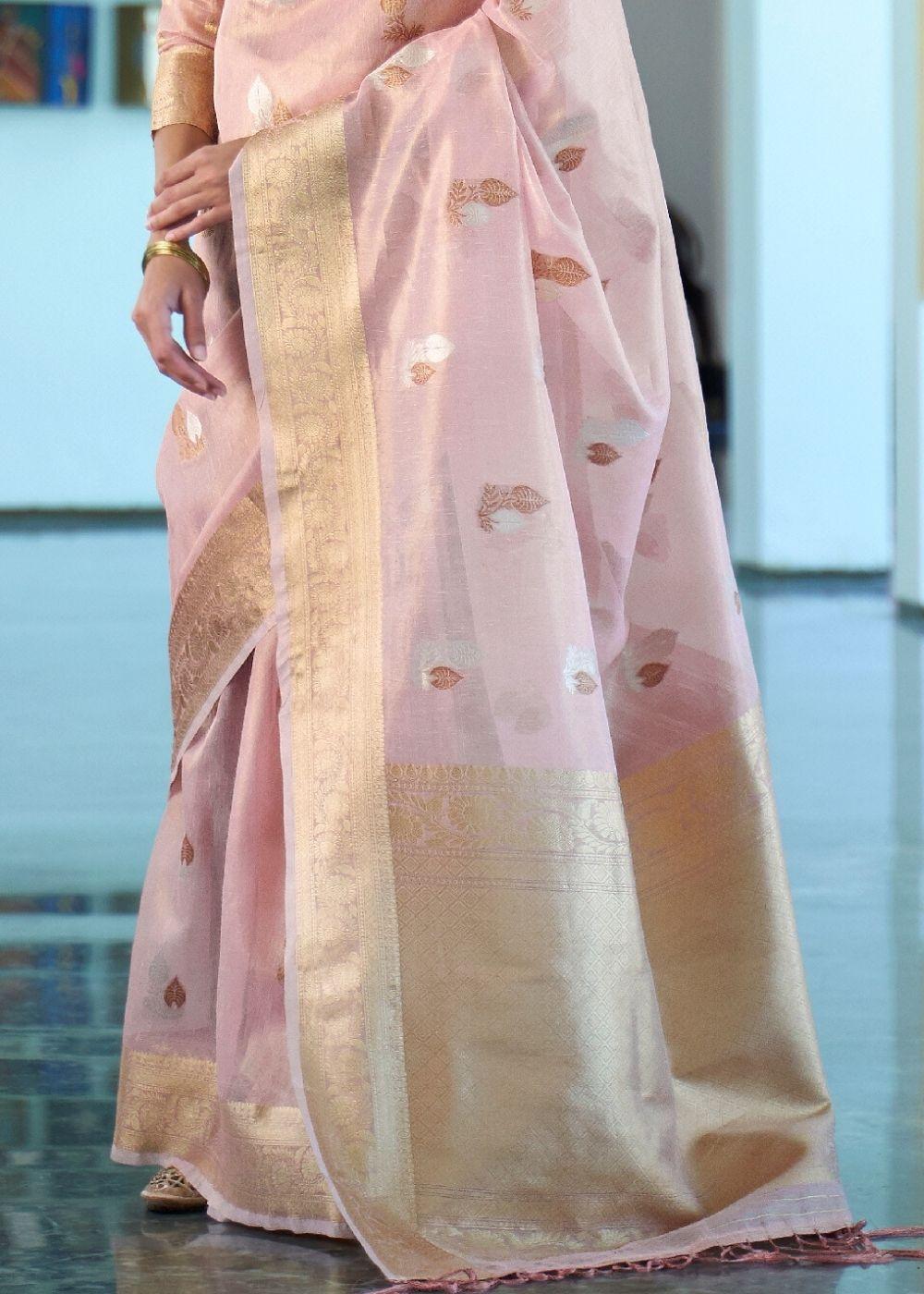 Lavender Pink Zari Woven Organza Silk Saree | Stitched Blouse - qivii