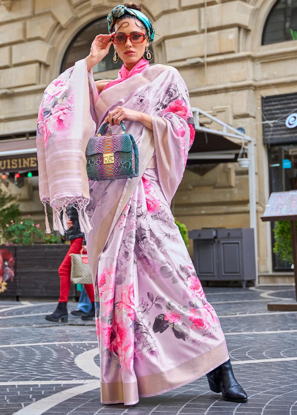 Lavender Purple Digital Floral Printed Silk Saree | Stitched Blouse - qivii