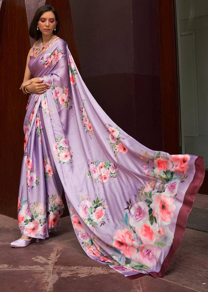 Lavender Purple Floral Printed Satin Crepe Saree | Stitched Blouse - qivii