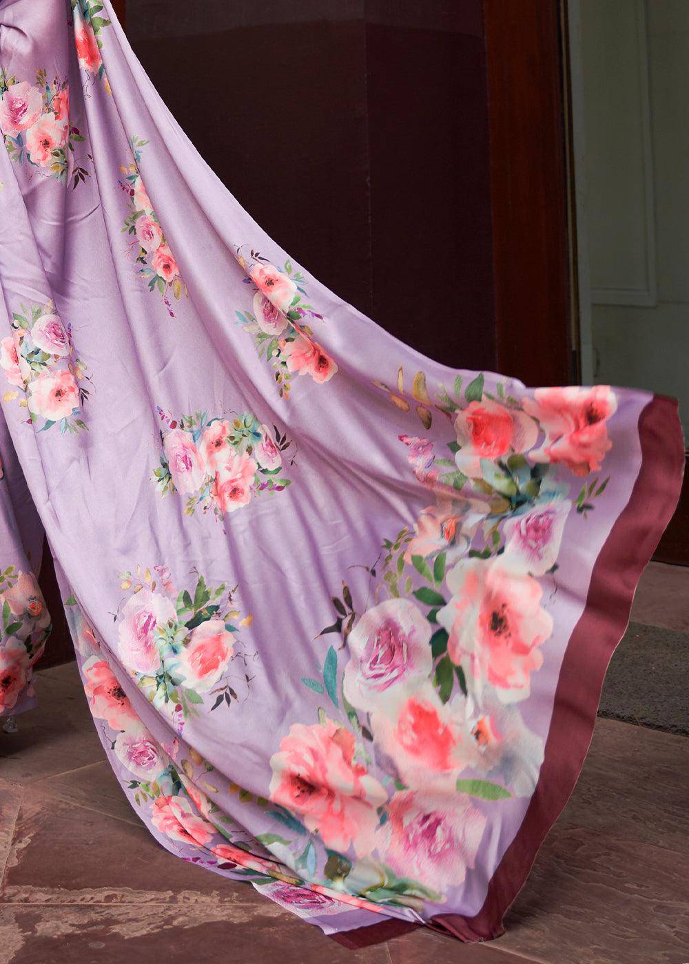 Lavender Purple Floral Printed Satin Crepe Saree | Stitched Blouse - qivii