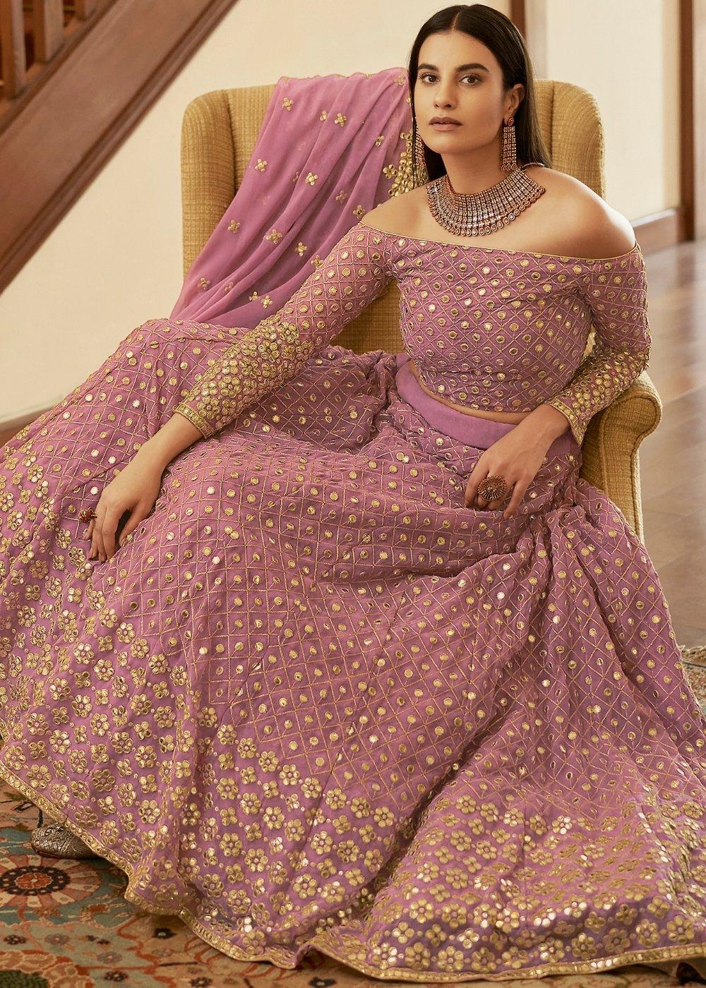 Lavender Purple Georgette Lehenga Choli with Zari,Gota,Mirror & Cut-work - qivii