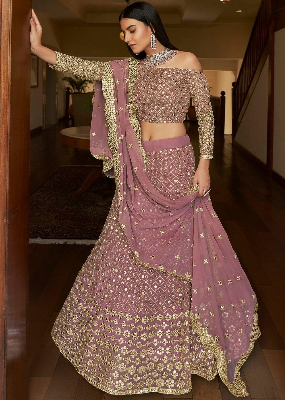 Lavender Purple Georgette Lehenga Choli with Zari,Gota,Mirror & Cut-work - qivii