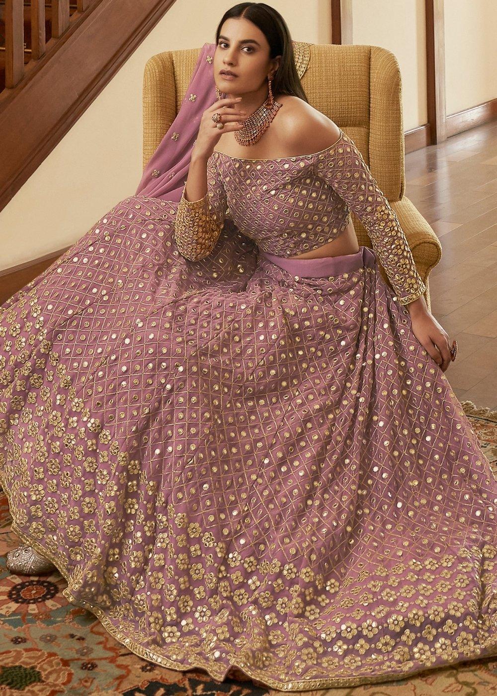 Lavender Purple Georgette Lehenga Choli with Zari,Gota,Mirror & Cut-work - qivii