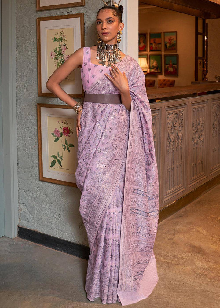 Lavender Purple Kashmiri Woven Cotton Silk Saree | Stitched Blouse - qivii