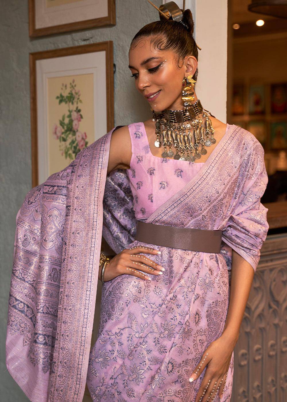 Lavender Purple Kashmiri Woven Cotton Silk Saree | Stitched Blouse - qivii