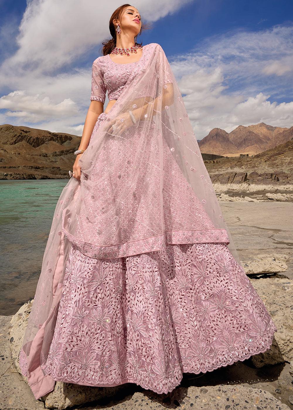 Lavender Purple Organza lehenga Choli with Mirror,Zarkan & Cutwork - qivii