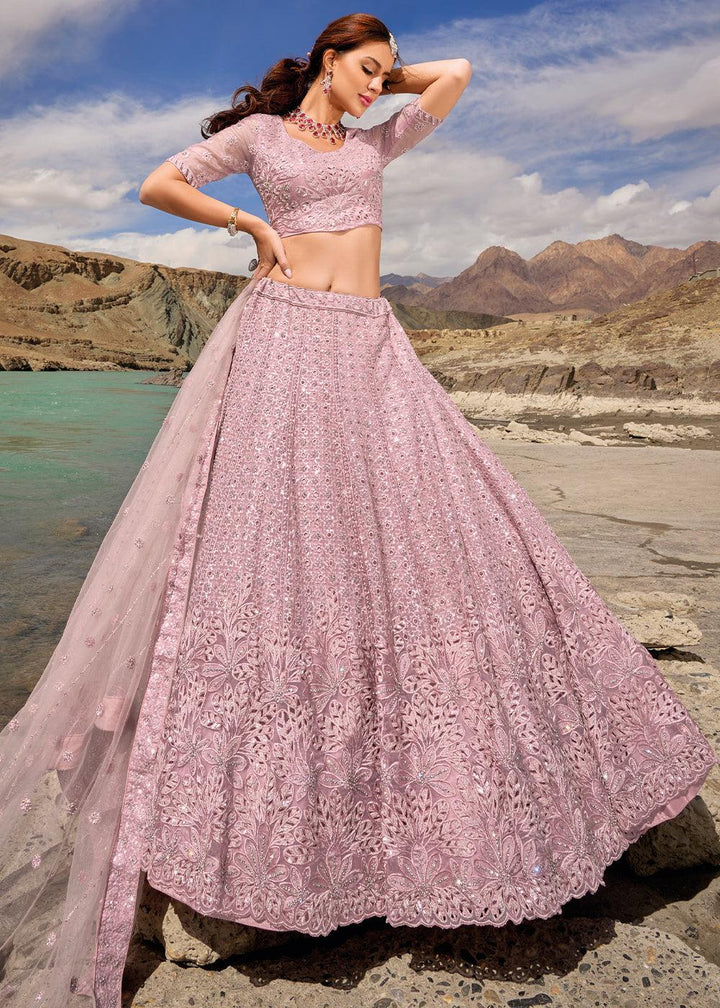 Lavender Purple Organza lehenga Choli with Mirror,Zarkan & Cutwork - qivii