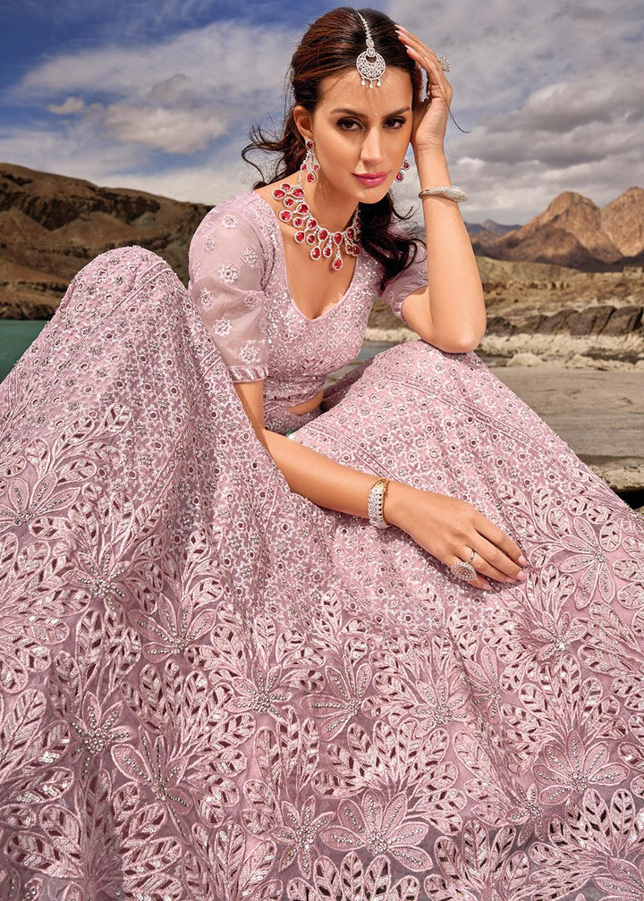 Lavender Purple Organza lehenga Choli with Mirror,Zarkan & Cutwork - qivii