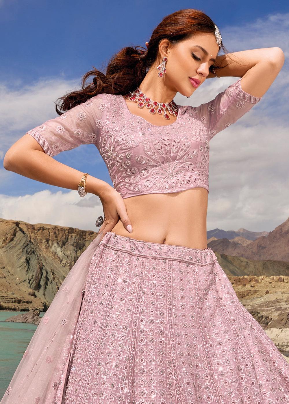 Lavender Purple Organza lehenga Choli with Mirror,Zarkan & Cutwork - qivii