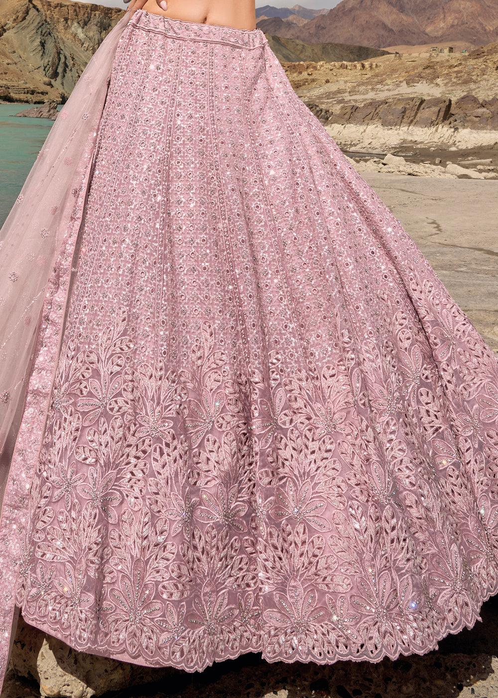 Lavender Purple Organza lehenga Choli with Mirror,Zarkan & Cutwork - qivii